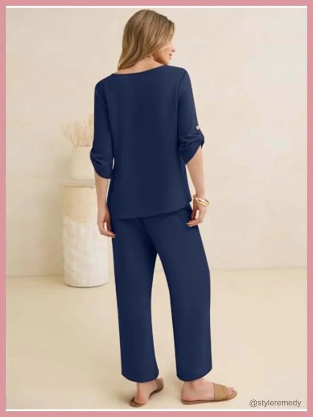 Women's 2 Piece Lounge Sets 3/4 Sleeve V Neck Shirt Wide Leg Pants Matching Set